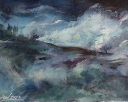 ШУМА У ОБЛАЦИМА, 2023, акрилик на папиру, 42 x 56 цм