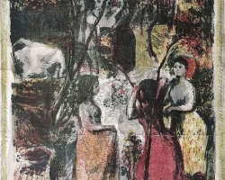 БОШКО КАРАНОВИЋ „Берба шљива“, 1952, литографија у боји, 38,5х27,5 цм
