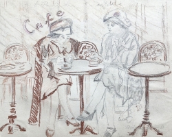 ЉУБИЦА ЦУЦА СОКИЋ „Из париског кафеа“, оловка и оловка у боји, 1958, 24x33,3 цм